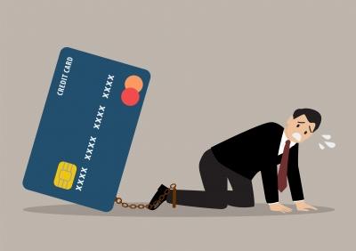 cartoon man with ankle tied to credit card