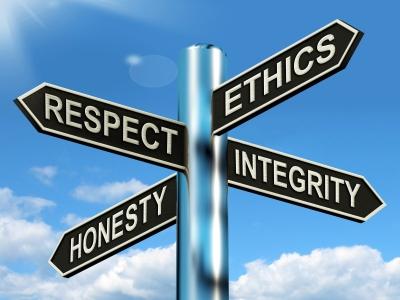 respect, ethics, honesty, and integrity sign