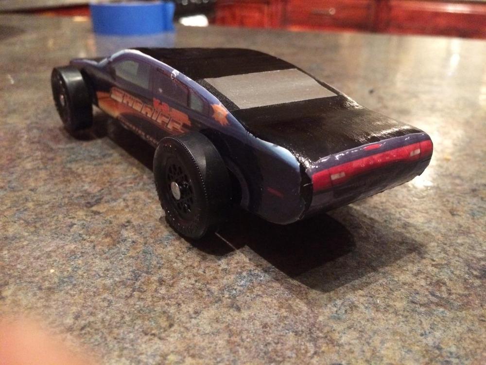 pine wood derby car rear view