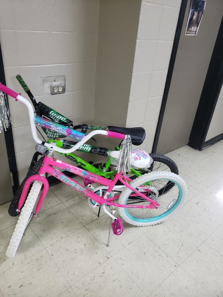 Bikes for giveaway to the age group of 7-8 will be a green and black bike for boys and a pink and white bike for girls.
