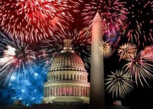 fireworks behind monument